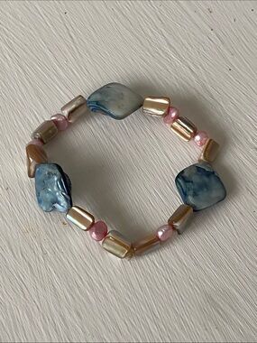 Roxy Blue & Pink Pearl Beaded Stretch Bracelet